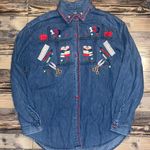 Vintage Back To School Embroidered Denim Shirt with Colorful Accents Blue Photo 0