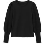 Evereve Shirt Womens XS Black Puff Sleeve Lace Contrast Knit Top Pullover Photo 2