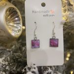 Handmade Poured Paint Square Earrings Swirl Stainless Steel Elderly Artisan Purple Photo 2