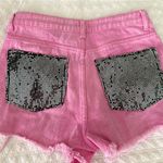 Blue Buttercup Pink Frayed Denim Jean Shorts with Sequin Detail Photo 6