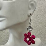 Fuchsia Enamel Flower Dangle Earrings Pink Photo 4
