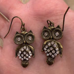 Antique Gold Owl Diamond Studded Dangle Earrings Photo 0