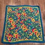 Vtg HONEY Bright Multicolor Floral Silk SIGNED SCARF Japan Preppy Career Spring Blue Photo 4