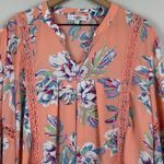 Moa Moa Top Women 2X Peach Floral V-Neck Long Sleeve Blouse Cottage Crochet Trim Photo 1