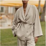 ZARA Womens Textured Kimono Sz M/L Belted Tie Waist Blazer Beige Flare Sleeve Photo 2