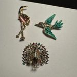 Flamingo , Peacock, Flying Bird Lot Of 3 Rhinestone Gold Tone Brooch Pins Photo 0