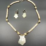 Vintage carved shell owl w/ Heishe shell necklace, matching screw back earrings White Photo 0