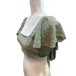 Sage Green Textured Square Neck Flutter Sleeve Crop Top Tie Back Photo 2