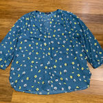NYDJ  Womens Floral Print V Neck 3/4 Sleeve Blouse Teal Yellow White Size Medium Photo 0