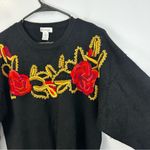 Vintage Eminent Lambsool/Angora Black and Red Embroidered Rose Sweater Size 1X Photo 4
