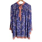 Lost + Wander Blue Paisley Tie-Neck Mini Dress Long Bell Sleeve – Size Small Photo 4