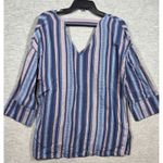 RD‎ & Koko Blue Stripe 3/4 Sleeve V Neck Cut Out Back Woven Women's Shirt Boho L Size L Photo 5