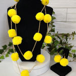 Lemon Yellow Color Pompom on Gold Chain Necklace Earrings Set Photo 0