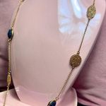 Gold Tone Blue Quartz Druzy Textured Disc Charms Necklace Long Layering Chain Photo 0