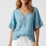 Democracy Women's 1X Blue Lace Embroidered Peasant Blouse Top Cotton Boho Photo 0