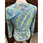 IBKUL Icikuls Small Long Sleeve Shirt Top V Neck Green Blue Print Mesh Sleeves Photo 4