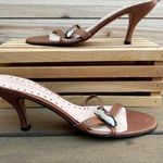 Hollywould Y2K Brown/Tan Leather Heels Open Toe Sandals w/ Snake-Esk Print Photo 1