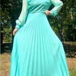 60s 70s blue polyester accordion pleat skirt lace top sheer sleeve maxi dress Photo 0
