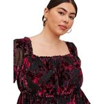 Torrid  Plus Size 2X Top Babydoll Velvet‎ Tiered Black Pink Floral Peplum 1362 Photo 3