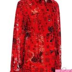 Chico's Asian Chinese Oriental Red Black Distressed Mesh Cut-Outs Button-Up Top Photo 0