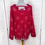 Grace & Emma Snowflakes Fuzzy Distressed Fringe Trim V Neck Sweater Red Small Photo 3