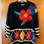 Colter Bay International Vintage Sweater Big Poppy Flowers Floral Argyle Medium Photo 0
