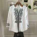 Chico's Chico’s Linen Blend Moss Green Floral Applique Tunic Top 2 12 M Photo 1