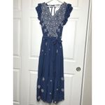 Figueroa & Flower Embroidered Tiered Maxi Dress Ruffle Sleeve Tie Waist Medium Blue Photo 1