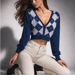 Aéropostale Argyle Cropped Cardigan XL Navy Blue Preppy Knit Button Front Photo 0