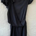 David Szeto black 100% silk dress asymmetric draped sleeve, floral shoulder; 42 Size 10 Photo 0