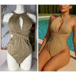 Tan Beige Textured Halter Cut Out One Piece Swimsuit Plus Size 2XL Photo 1
