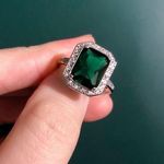 Solitaire Square Emerald Cut Ring,  White Zircon Stone Halo Ring Green Gemstone Photo 0