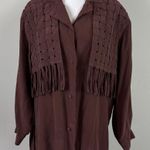 Vintage Rhoda Lynne 100% Silk Woven Fringe Brown Button Down Blouse Size Medium Photo 0