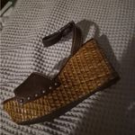 Prada  Brown Leather Raffia Wedge Sandals Size 36 Ankle Strap Studded Detail Photo 2