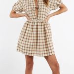 Motel Plaid Puff Sleeve Tie-Front Dress Size S Brown & Green Check Cottagecore Photo 1
