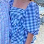 English Factory Blue and White Gingham Top Puff Sleeves Photo 1