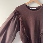 ZARA Brown Ruffle Blouse Knit Puff Sheer Long Sleeves Crew Neck Sweater Top EUC Photo 6
