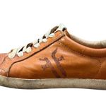 Frye Women’s Leather Low Top Sneakers 6.5M Tan Brown Logo Distressed Casual Shoe Photo 3