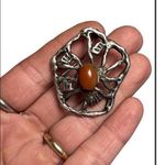 Vintage Brutalist Nouveau Gold Tone Brooch Bright Carnelian Center Stone Silver Photo 0
