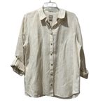 Chico's  sz 2 Large Linen Top Shirt White Beige Pinstripe Stripe Coastal Grandma Photo 1