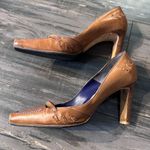 Manolo Blahnik Pumps Beige Camel Brown Leather Purple Stitching Shoes 37 Photo 2