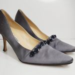 Manolo Blahnik  Gray Satin Almond Toe Beaded Roses Accent 37.5 Dress Shoes Pumps Photo 0