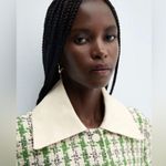 Mango NWT Twiggy Green Cream Black Tweed Blazer Dogtooth White Buttons sz Large Photo 4