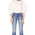 ZARA Embroidered Midrise Mini Flare Leg Distressed Cropped Denim Jeans Size 2 Photo 1