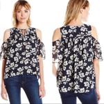 Anthropologie Moon River • Navy Blue Floral Blouse Cold Shoulder Swiss Dot  Photo 1