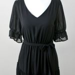 Versona Black Sheer Tiered Puff Short-Sleeve V-Neck Bow Midi Dress Extra Small Photo 1