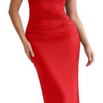 NEW Red Elegant One Shoulder Sleeveless Bodycon Ruched Cocktail Midi Dress S Photo 0
