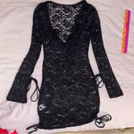 SheIn  Sheer Black Lace Dress, Long Sleeve Low Cowl Front With Triangle Top Small Photo 7