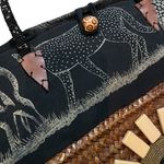 African Handcrafted Woven Palm Leaf Tote – Beaded Handles, Animal Print, & Sunbu Brown Photo 4