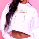 Barbie Limited Edition White Graphic Cropped Beaded Pullover Hoodie Size M Photo 0